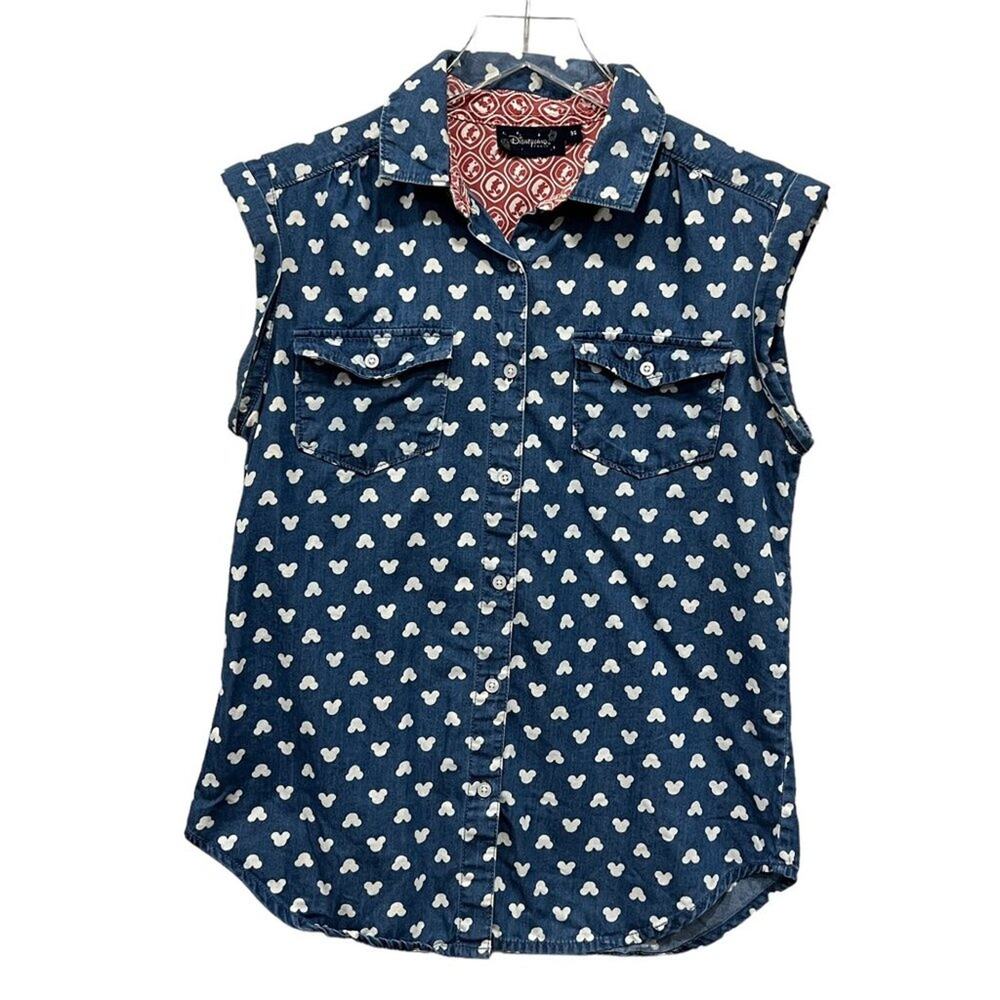 Disneyland Paris Size 36 Chambray Mickey‎ Mouse Shirt Cap Sleeve Button Down